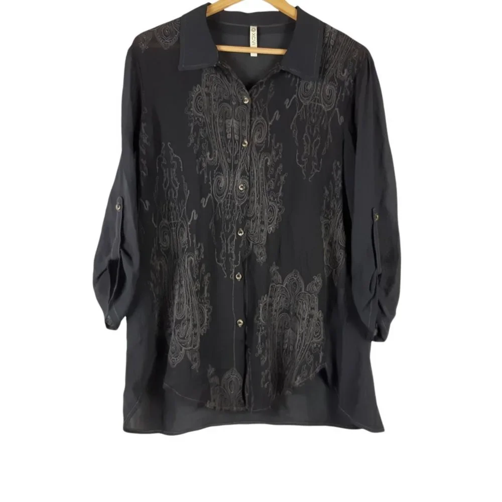 XCVI Button Up Stitch Blouse Embroider Gray Size Medium - Picture 1 of 7